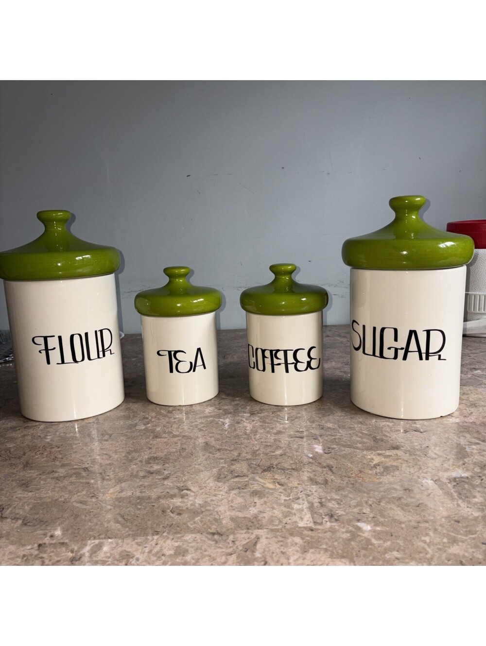 Vintage Holiday Designs MCM Ceramic 4 Piece Canister Set Green Mushroom Lids